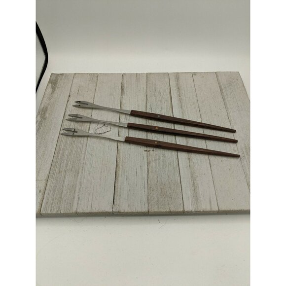 Vintage Set 3 Fondue Forks Mid Century Modern Wood Handles Stainless Japan - Picture 1 of 7